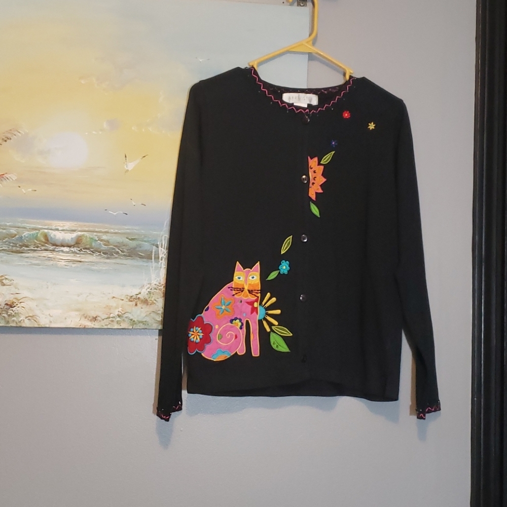 Arriviste Sweater, Cardigan, Applique, Cat Embroidered.